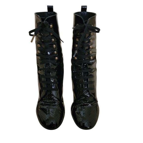 Chanel Vintage 2007 Patent Leather Lace-Up Heeled Ankle Boots Black 37.5 US 7 - Picture 5 of 14